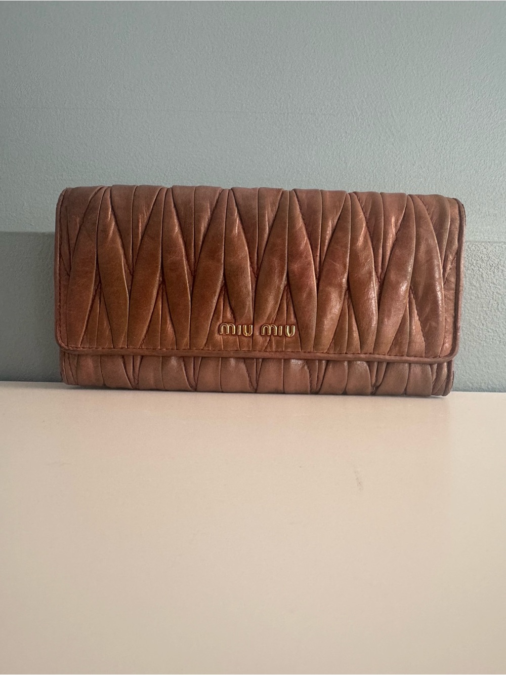 Miu Miu Quilted Brown Leather Wallet Clutch with Gold Logo
